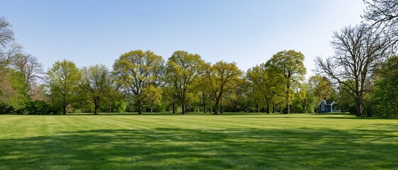 Fototapeta premium Wide view of a green lawn in a public park with trees and clear sky during early spring