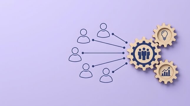 Interlocking wooden gears with business icons connecting to a network of drawn people illustrating team collaboration innovation and strategic corporate growth