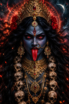 Dark goddess kali portrait with glowing red eyes and gold crown, adorned with skulls and red flowers against a fiery celestial background