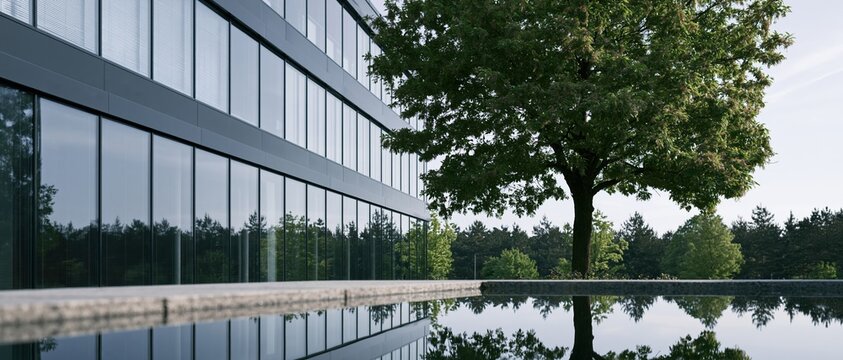 Modern glass office building exterior with large deciduous tree reflected in still water pool