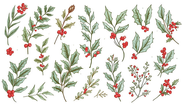 Christmas plant leaf, flower set. Hand drawn doodle sketch holly floral, christmas tree leaves, winter branch elements. Holiday decoration, rustic wreath sketch doodle.