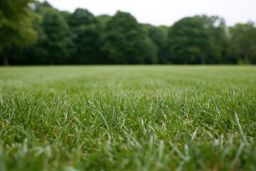 Fototapeta premium The Grass Field in a Sunlit Park Landscape with Distant Trees