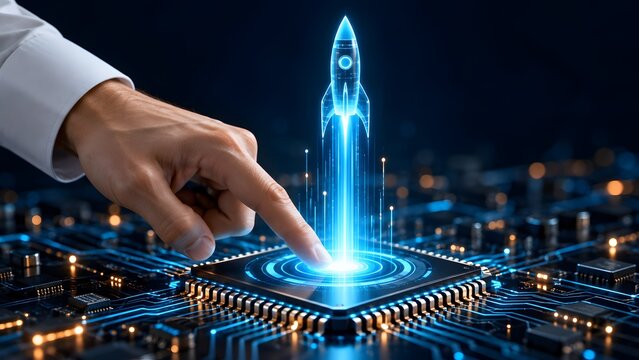 Businessman Hand Touching Futuristic Microprocessor with Glowing Blue Rocket Launching from Circuit Board Symbolizing Tech Startup Success Innovation and Digital Business Growth Concept