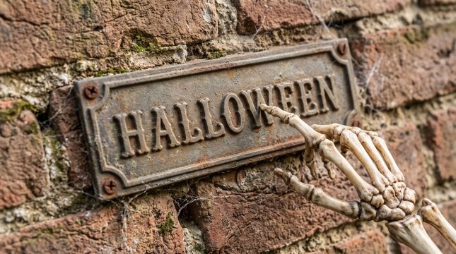 A spooky skeletal hand points to a rusted metal sign that reads "HALLOWEEN," mounted on an old brick wall.
