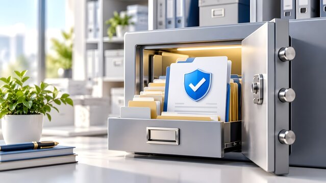 Data protection and secure document storage concept featuring an open steel safe box filled with organized file folders and a blue security shield icon in a modern bright office setting