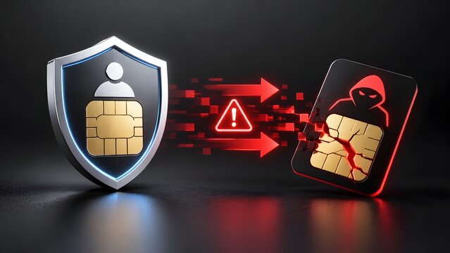 Cybersecurity concept of SIM swap fraud and mobile identity theft showing a protected gold SIM card chip inside a blue shield being hijacked by a hacker and transferred to a broken SIM card.