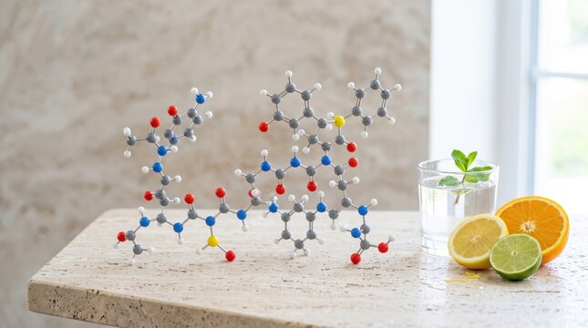 A 3D molecular model is displayed on a table beside a glass of water with mint and sliced citrus fruits, including orange, lemon, and lime, near a window.