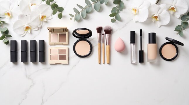 Luxury Cosmetic Collection Featuring Premium Makeup Brushes and Elegant Beauty Essentials Arranged on a Sophisticated White Marble Surface