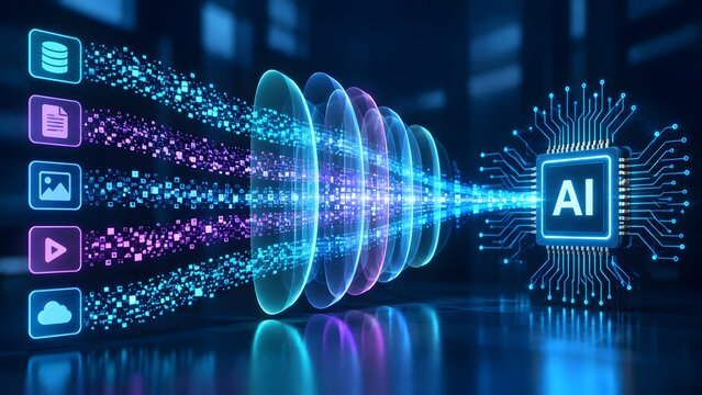Conceptual visualization of big data flow processing through artificial intelligence deep learning filters into a central microprocessor unit for digital transformation technology.