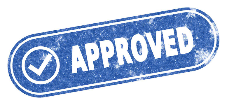 Blue APPROVED negative grunge stamp with check mark in circle isolated on transparent background