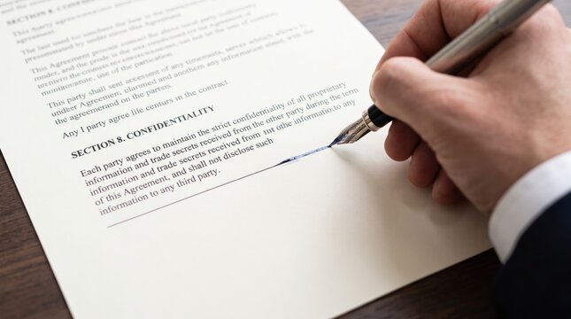 A person signing a confidentiality agreement with a fountain pen on a formal document.