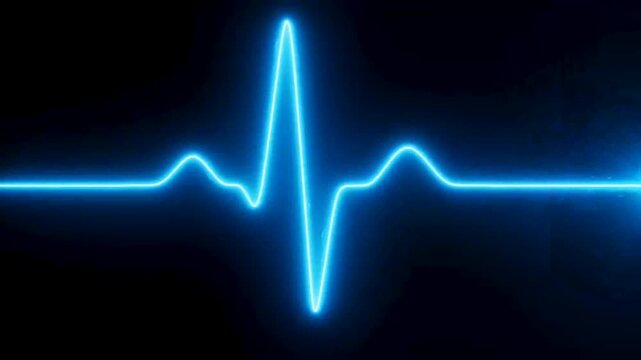 Blue neon heartbeat ECG pulse line moving across black screen