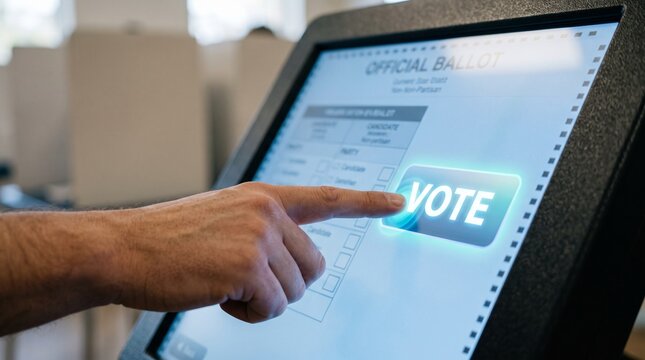 A person's finger touching the digital screen button labeled vote on an electronic voting machine for the official election ballot
