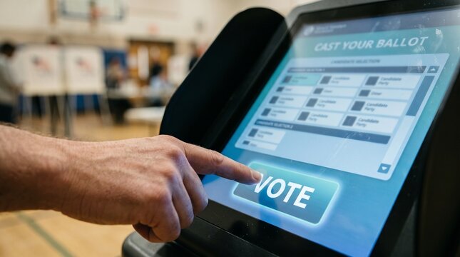 Close-up of a voter using a digital electronic touch screen voting machine to cast a ballot in an election