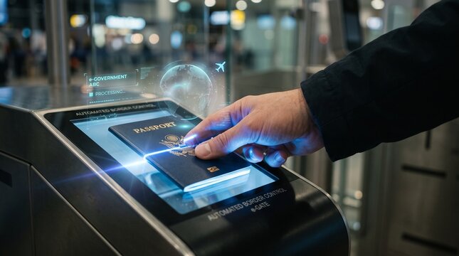 Automated biometric passport control gate at an airport for fast immigration and travel security verification