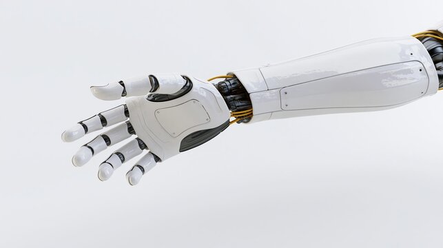 White robotic arm and hand reaching forward against plain background