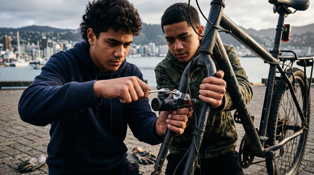 Two boys repairing bicycle dynamo outdoors