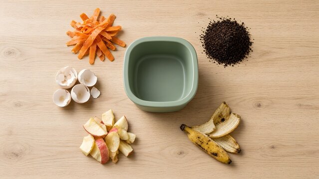 Top view of a compost caddy surrounded by sorted food scraps on wood