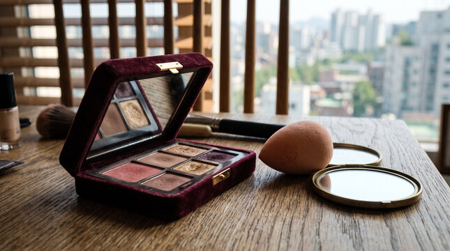 Open makeup compact with sponge and powder puffs