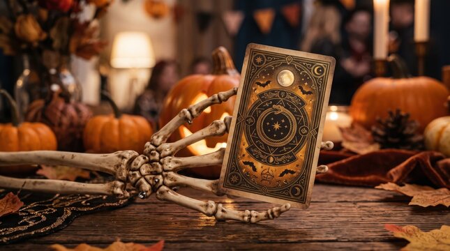 A skeletal hand holds an ornate tarot card surrounded by pumpkins and autumn decor, evoking a mystical Halloween atmosphere.