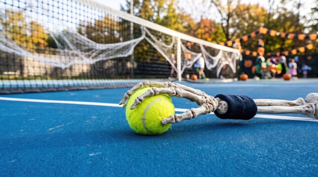 A tennis ball is caught in a skeleton hand prop on a blue tennis court, with a net and autumn trees in the background.