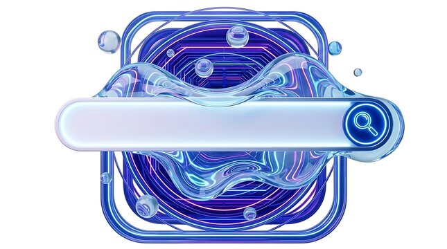 Glowing 3D cyberpunk search bar ui element with neon blue and purple glass rings, liquid drops, and magnifying glass icon isolated on white background