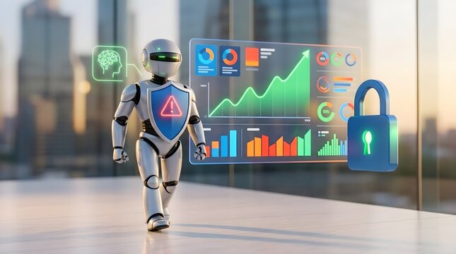 Futuristic android robot walking beside glowing digital analytics data screens