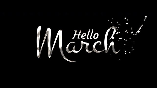 Silver metallic script letters with bright white paint splatter design for march theme. Suitable for greeting cards, posters, social media.