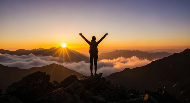 Silhouette of hiker at sunrise over mountains and clouds