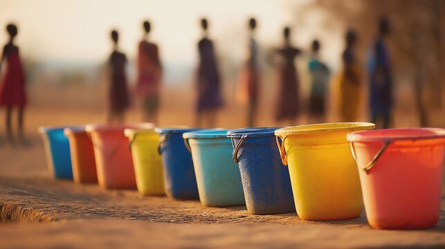 Colorful water buckets in a rural setting.