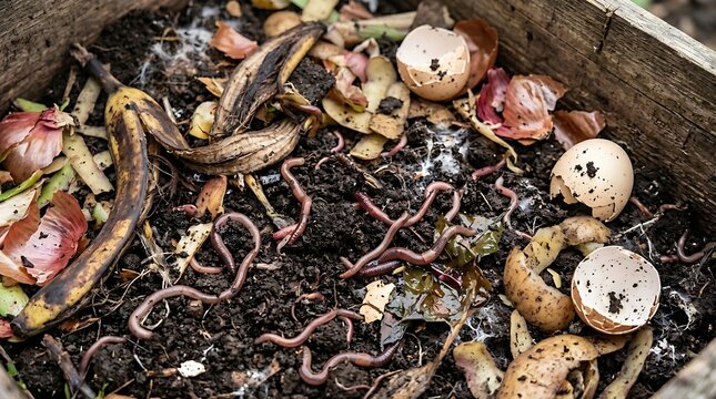 Earthworms crawling through organic kitchen waste and dark soil in a wooden compost bin with Earthworms move through decomposing food scraps with scraps