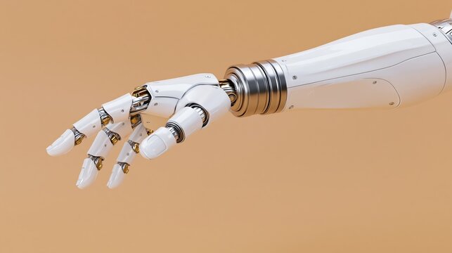 Robotic arm with mechanical hand extended forward against beige background