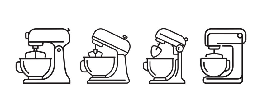 Set of stand mixer line icons for baking and kitchen appliance design elements on white background