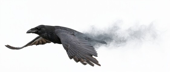 Fototapeta premium Black raven in mid-flight with wings spread, body dissolving into smoke against white background