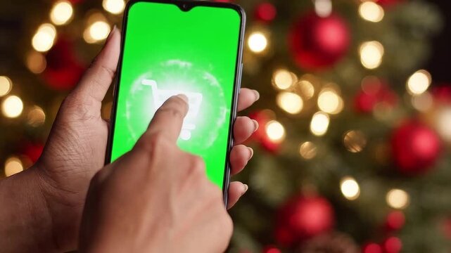 Hand taps shopping cart on smartphone against Christmas tree, then withdraws finger. Mobile ecommerce, online shopping. Holiday gift purchasing and seasonal retail.