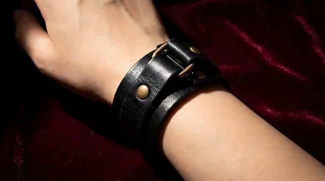 Black wide leather wristband with bronze studs on arm.