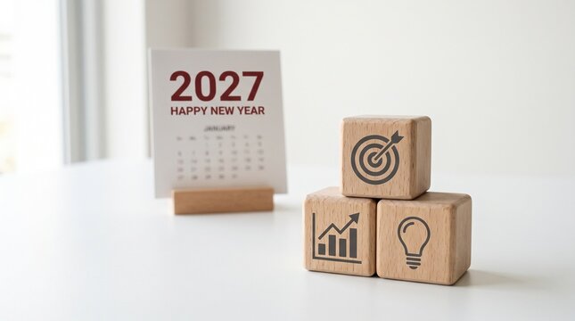 Happy New Year 2027 calendar and three wooden blocks with strategy, success and creativity symbols, copy space