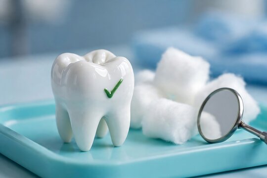 Realistic white ceramic tooth model with a green check mark symbol, surrounded by white cotton swabs and a dental mirror on a light blue medical tray