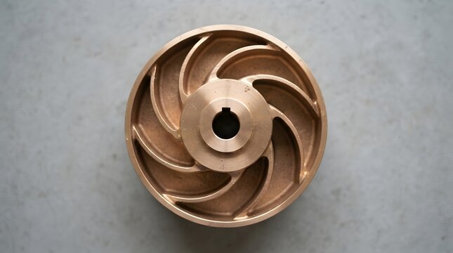 Brass pump impeller part, metallic industrial water pump turbine component, top view brass mechanical rotor detail for machinery manufacturing