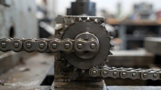 Industrial chain drive gear mechanism in factory workshop, heavy machinery steel sprocket transmission details