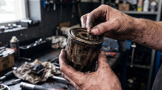 Close-up of hands holding a rusty, old oil can in a workshop environment with tools and machinery in the background.