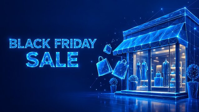 Glowing wireframe store building with shopping bags and text. black friday shopping building ecommerce wireframe geometric business technology. black friday shopping