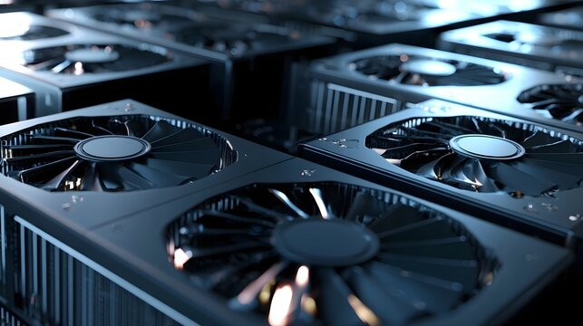 Close up of multiple graphics processing units with cooling fans and heat sinks in a dark blue toned setting