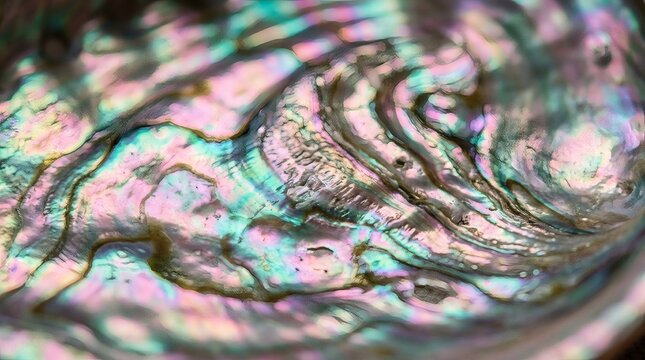 Iridescent abalone shell interior with swirling patterns and pastel colors for abstract backgrounds.
