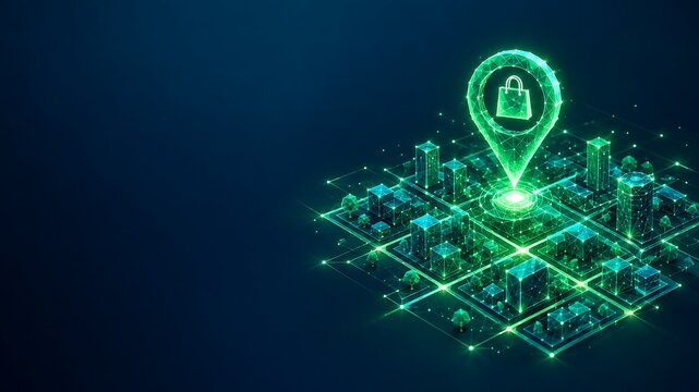 City map grid with glowing navigation pin and lock symbol. black friday shopping location security navigation wireframe technology protection position. black friday shopping