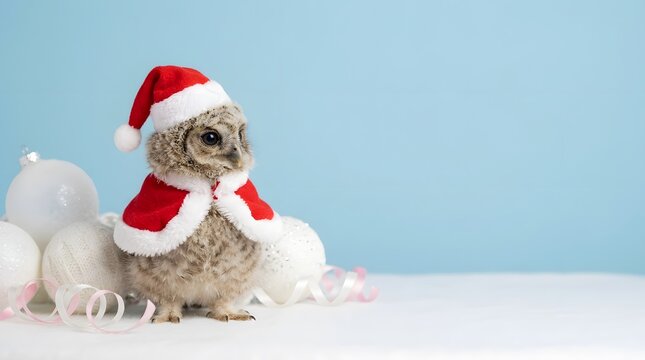 A cute baby owl wearing a santa claus hat and cape sitting on a light blue background