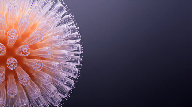 Glass ovary formed by translucent germ cells and fiber optic follicles from a geometric sea fig gonad against dark void
