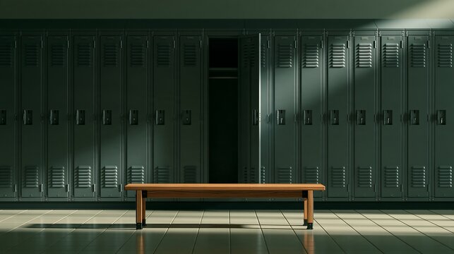 Row of metal school lockers with an open door and wooden bench isolated on transparent background. Concept for changing rooms or educational facility branding.