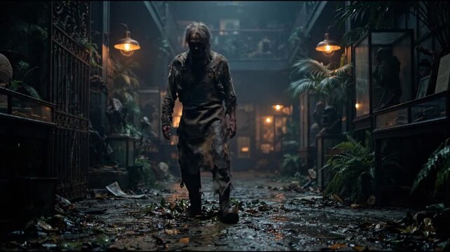 Scary zombie walking in dark abandoned hallway at night for horror