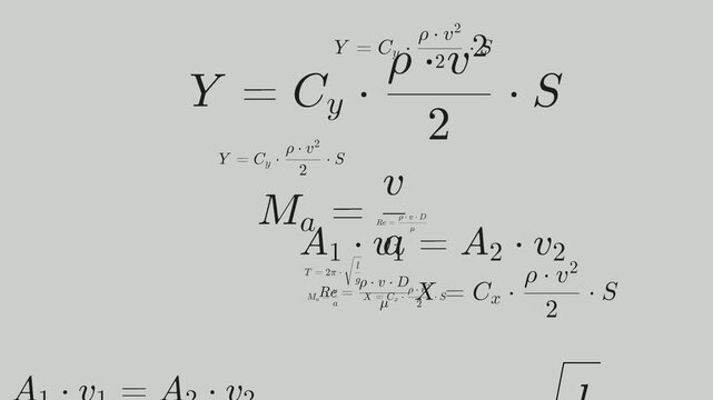 Mathematical formulas and physical equations moving across clean white background representing business strategy economic modeling corporate research and technical analysis